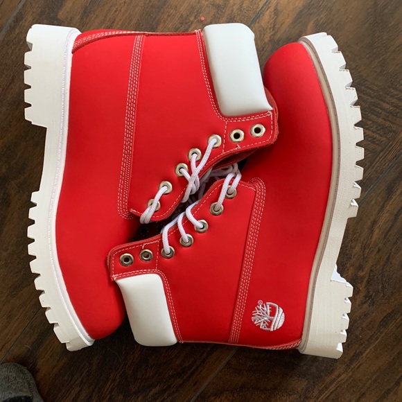 red and white timberlands